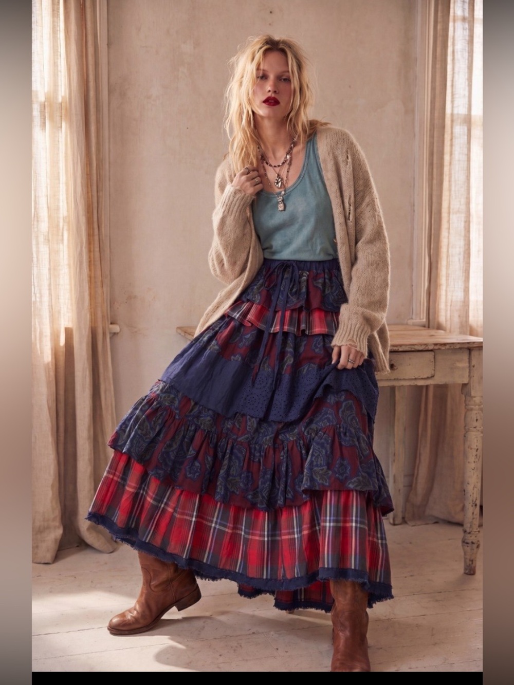 Hand Crafted Boho Tiered Maxi Skirt in Navy and Red